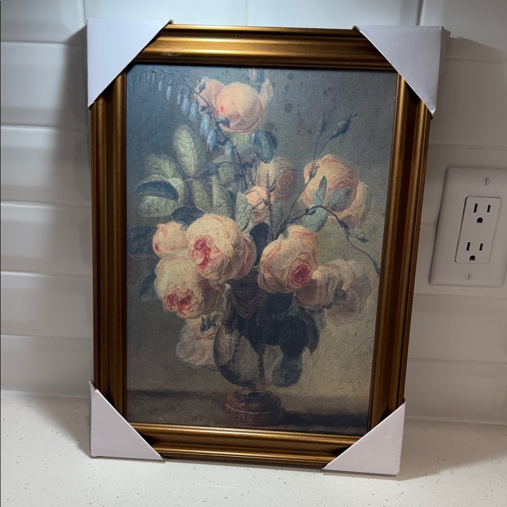 Threshold New Framed Floral Still Life Painting - Pink Roses in Vase